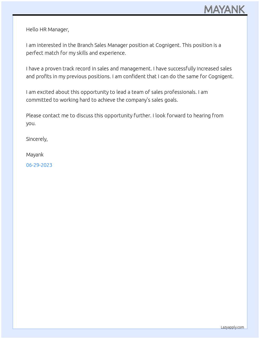 Branch Sales Manager At Cognigent Cover Letter