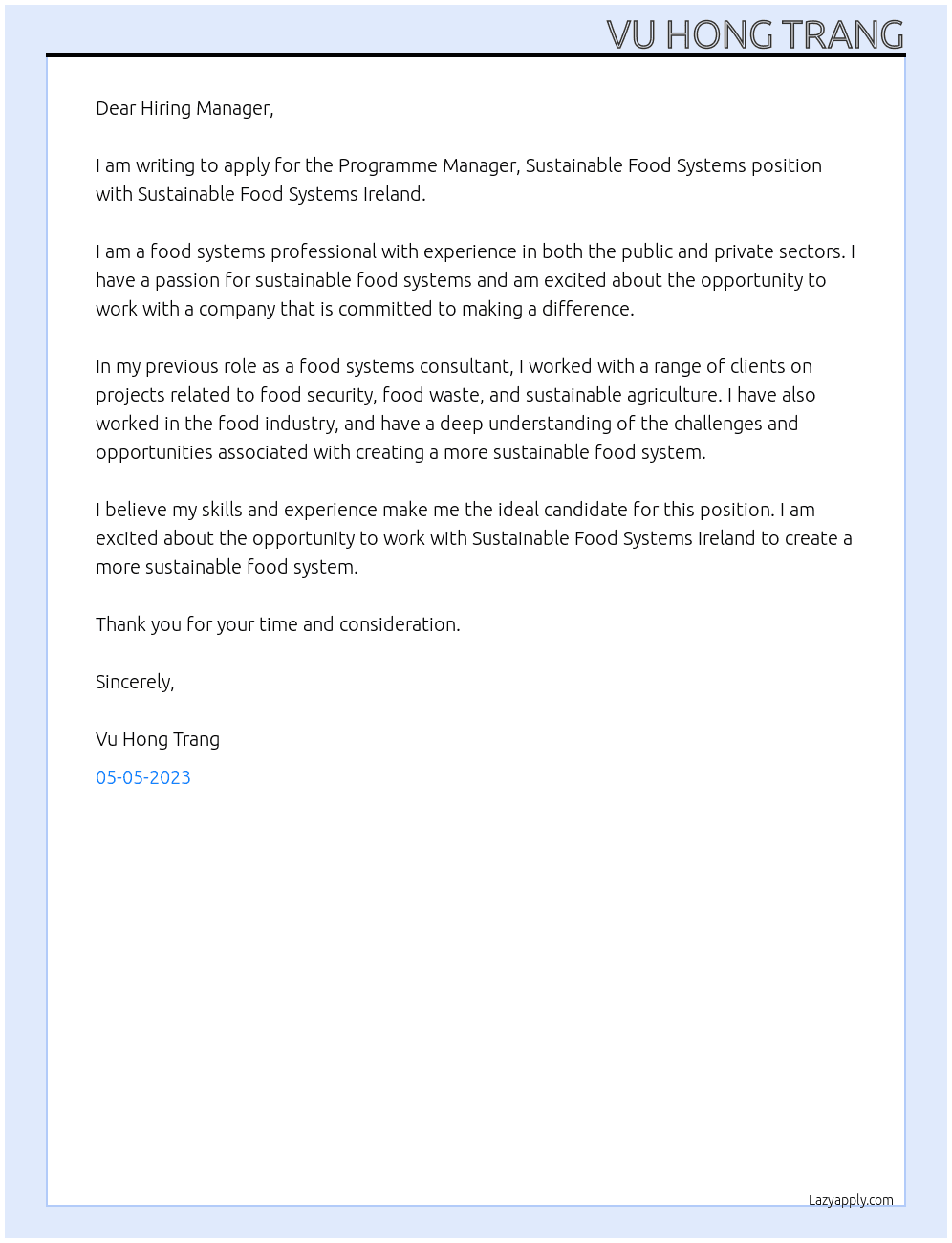 Programme Manager, Sustainable Food Systems At Sustainable Food Systems Ireland Cover Letter