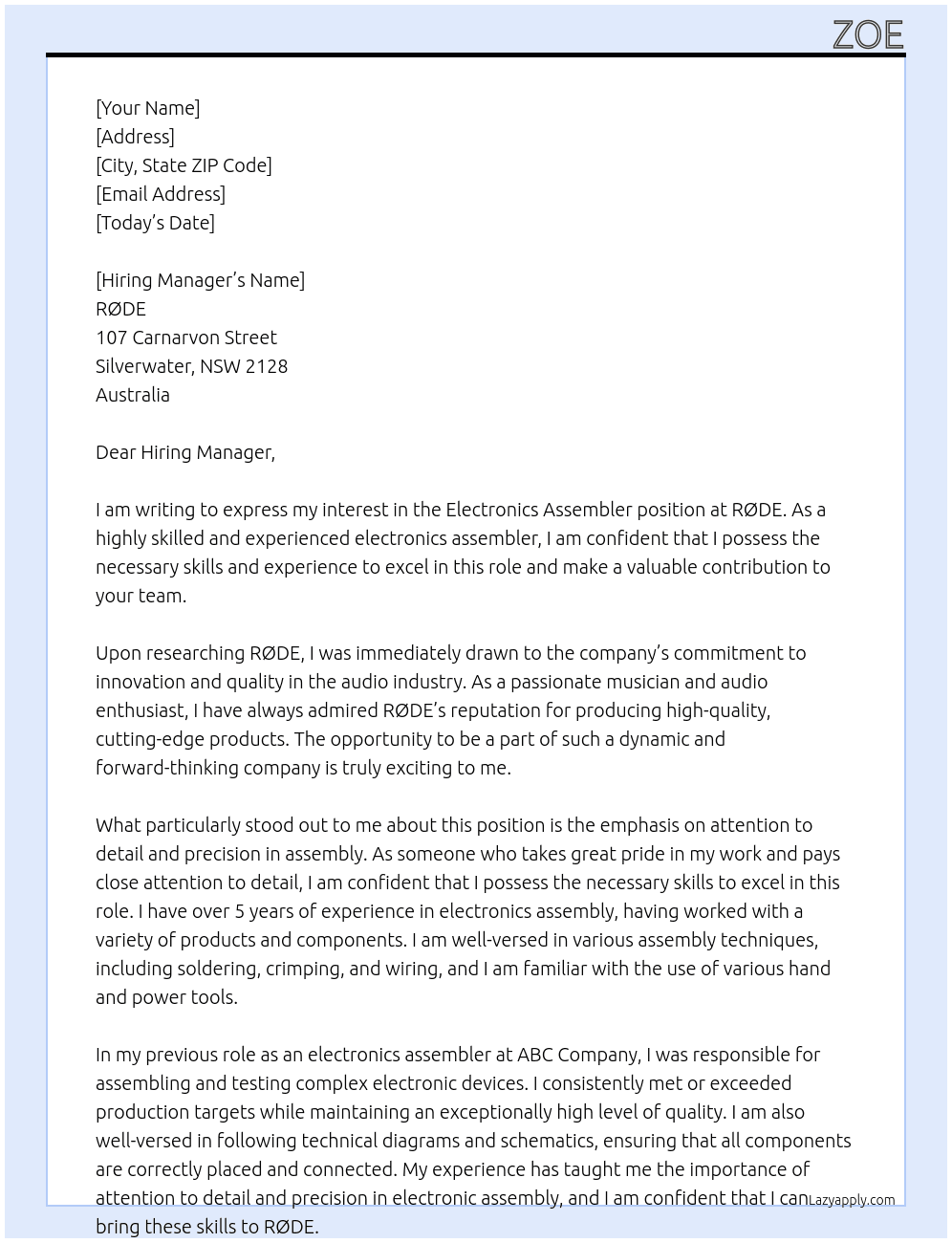 Electronics Assembler At RØDE Cover Letter