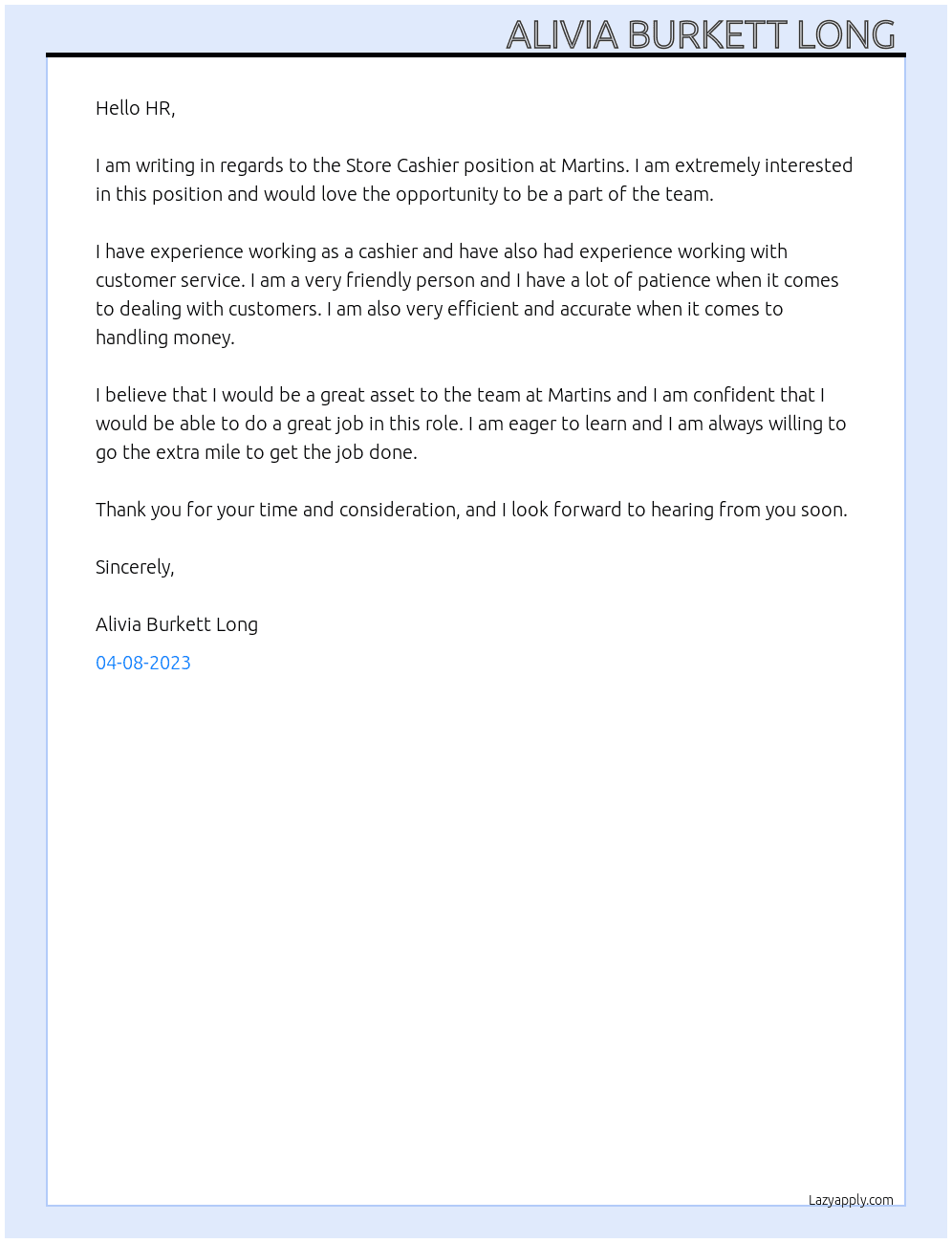 Store Cashier At Martins Cover Letter