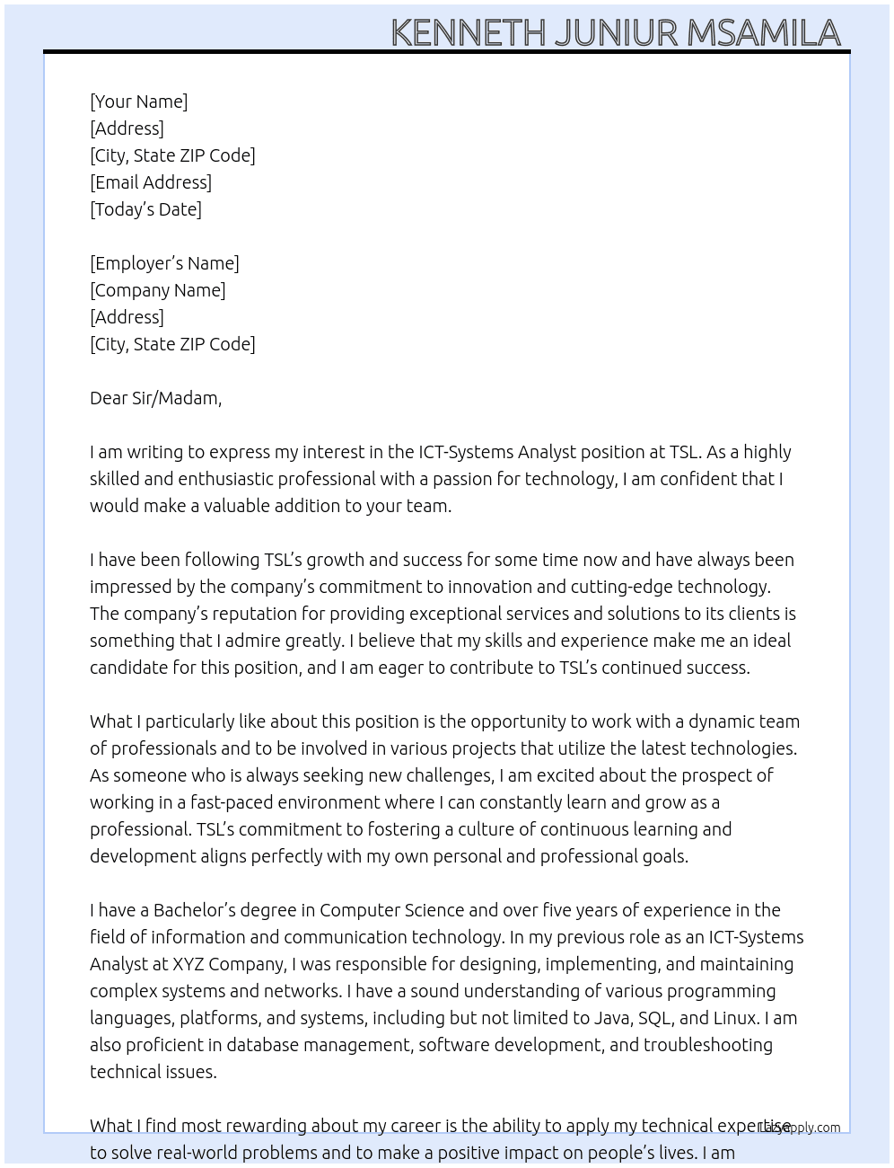 ICT-Systems Analyst  At TSL Cover Letter