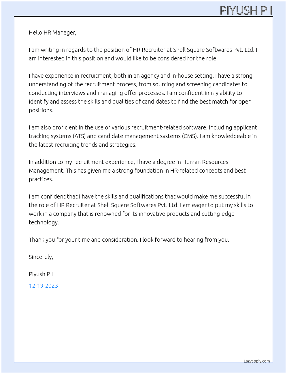 Hr Recruiter At Shell Square Softwares Pvt. Ltd Cover Letter