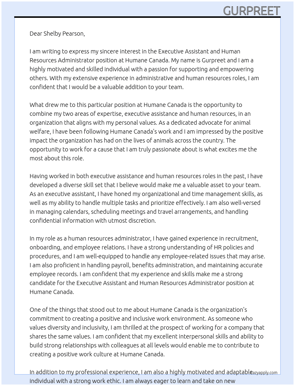 Executive Assistant and Human Resources Administrator At Humane Canada Cover Letter