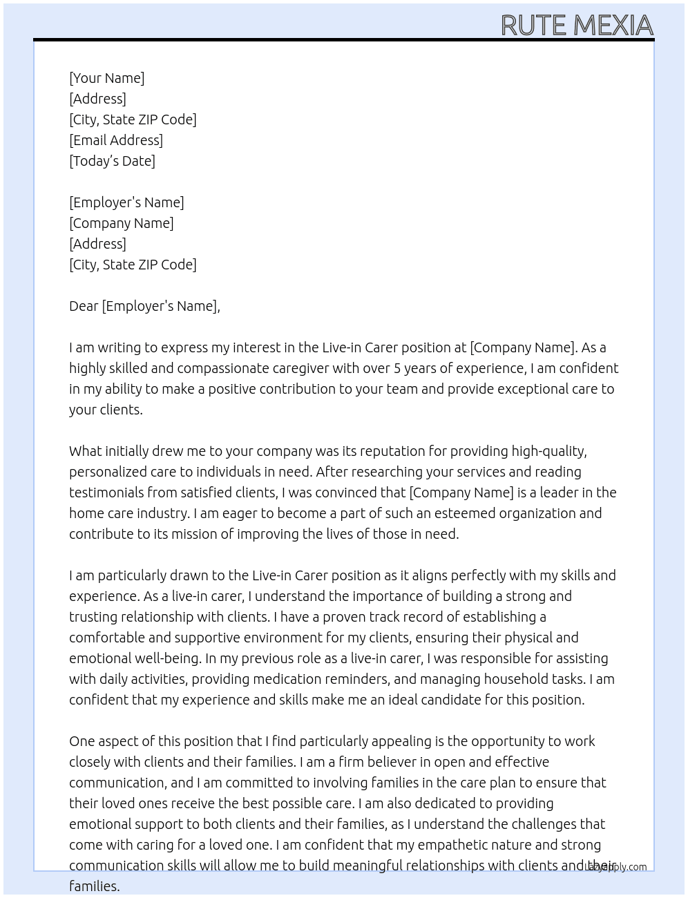 Live in Carer At Live in care Cover Letter