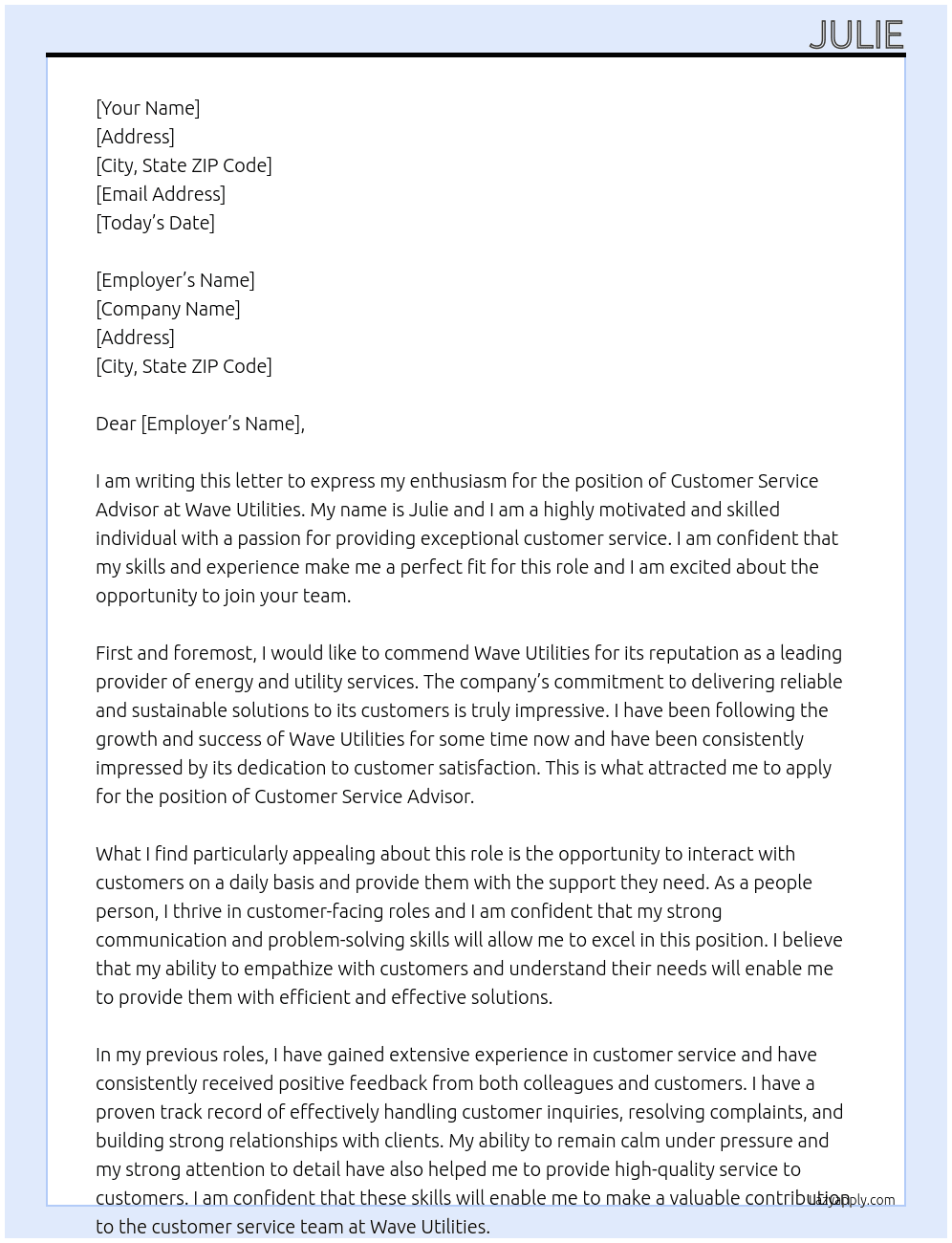 Customer Service Advisor  At Wave Utilties Cover Letter