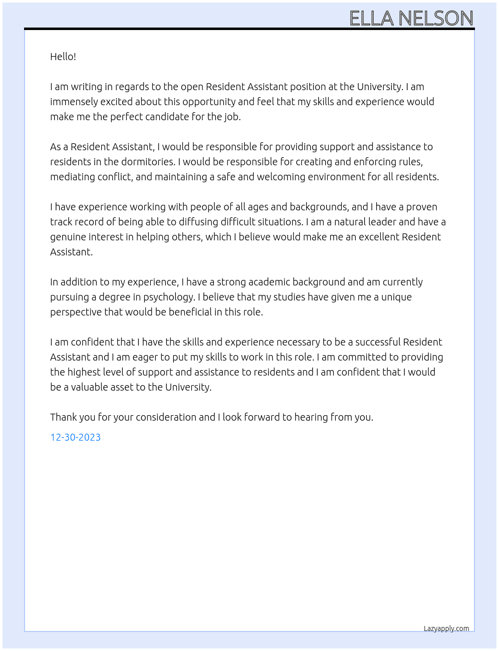 Resident Assistant At University Cover Letter