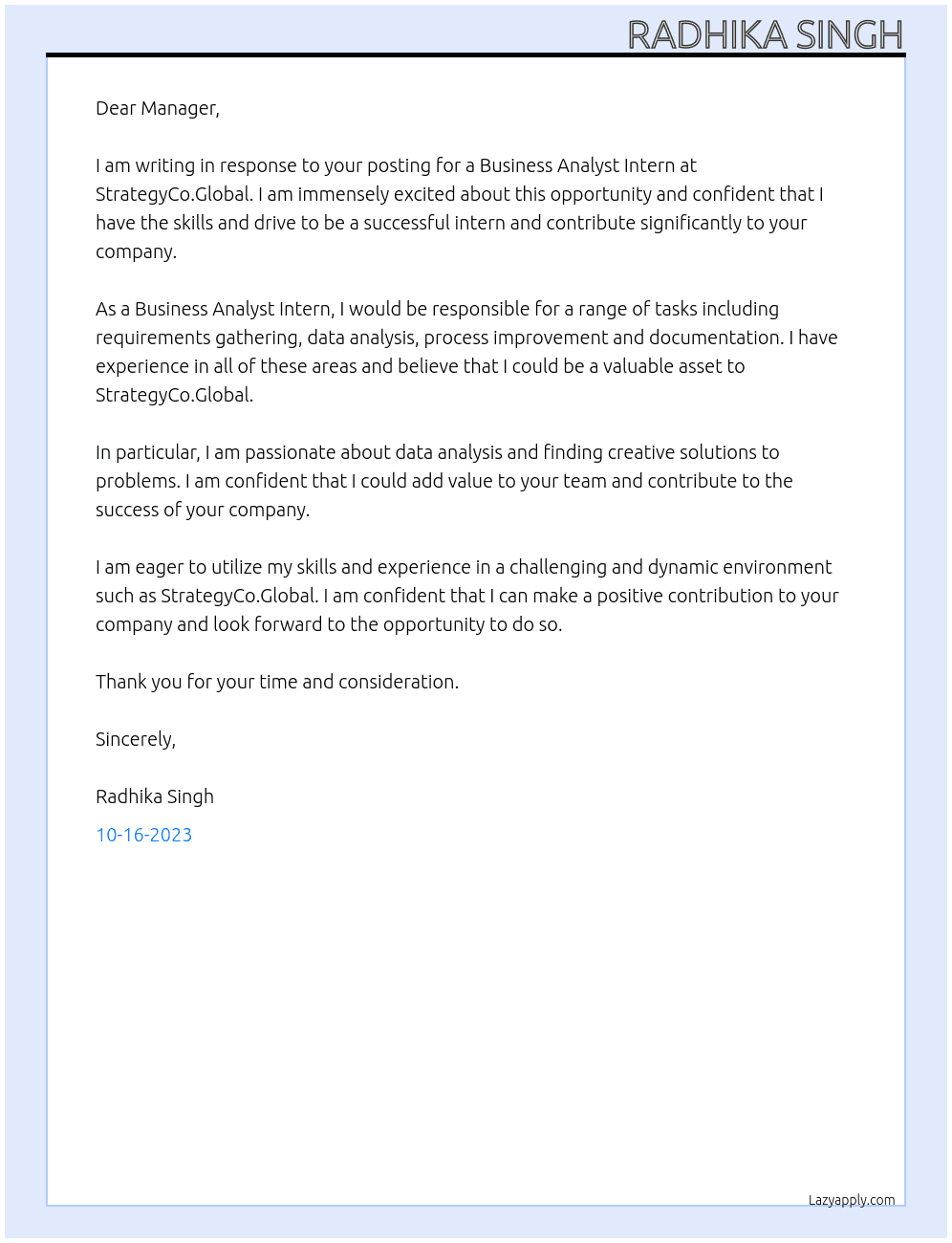 Business Analyst Intern At StrategyCo.Global Cover Letter