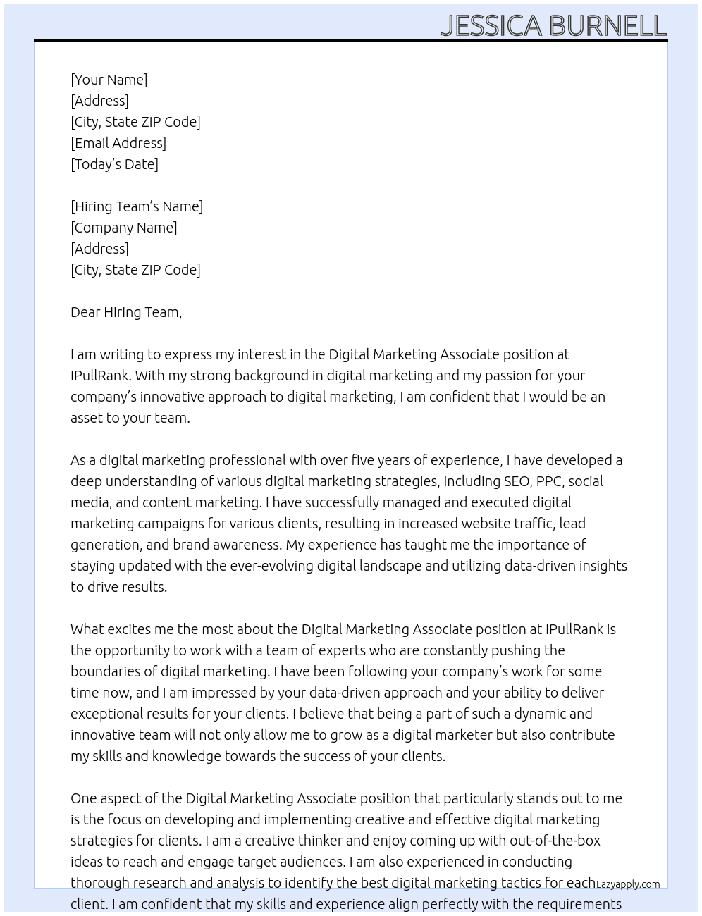 Digital marketing associate  At IPullRank Cover Letter