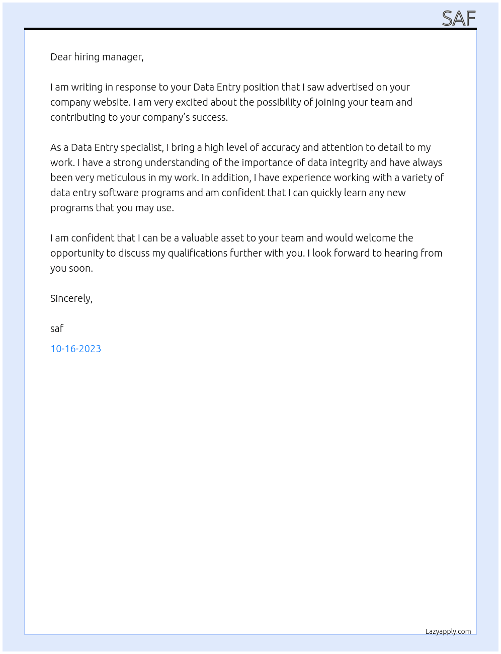 Data Entry At dsfs Cover Letter