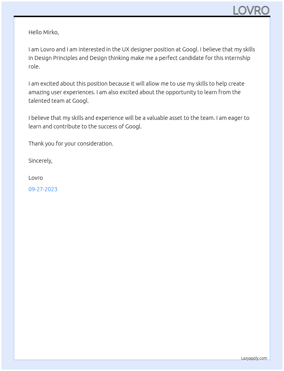 UX designer At Googl Cover Letter