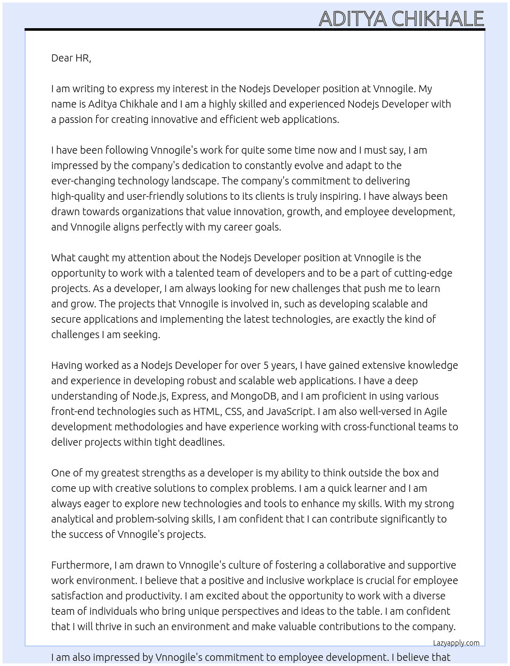 Nodejs Developer At vnnogile Cover Letter