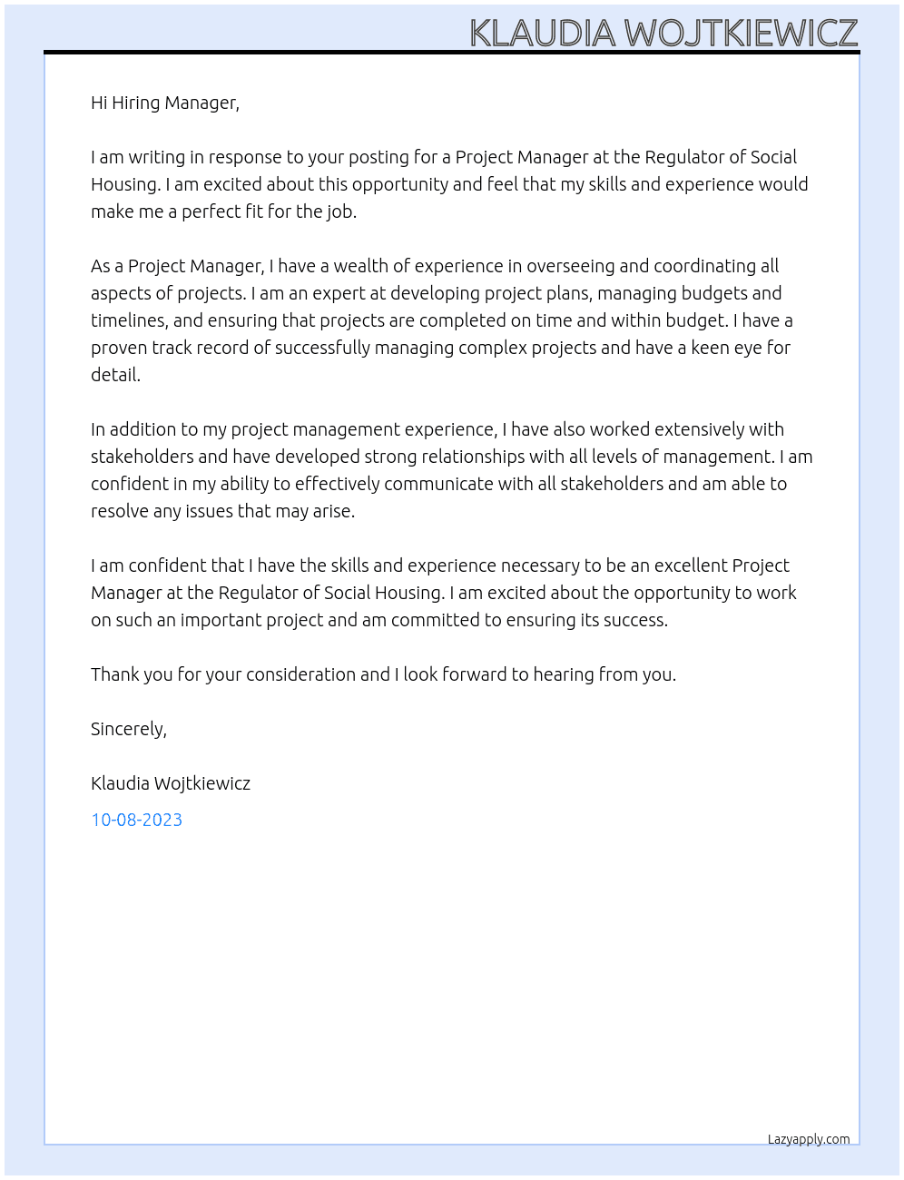 Project Manager At Regulator Of Social Housing  Cover Letter