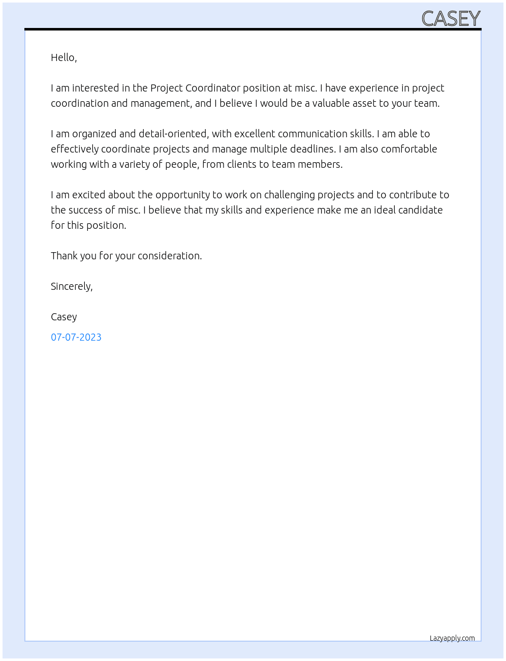 Project coordinator At misc. Cover Letter