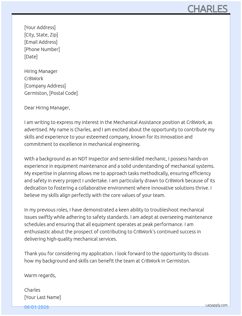 Mechanical assistance  At Cr8Work Cover Letter