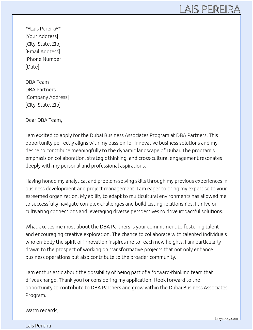 Cover letter for dubai business associates program - LazyApply