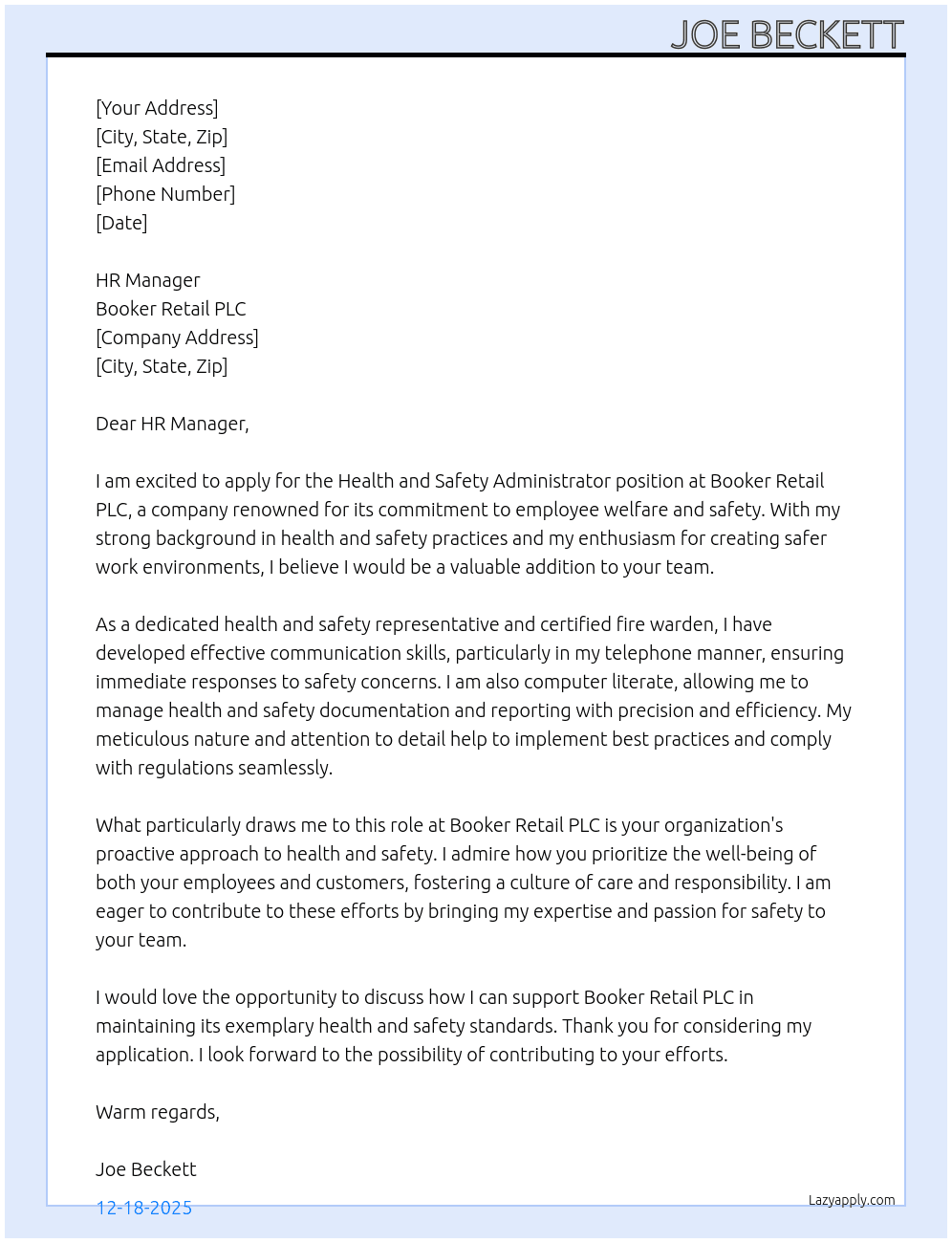 Health and safety adminitrator At Booker Retail PLC Cover Letter