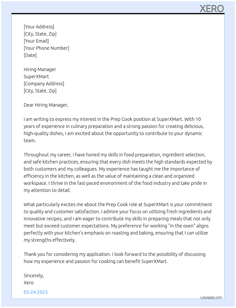 Prep Cook At SuperXMart Cover Letter