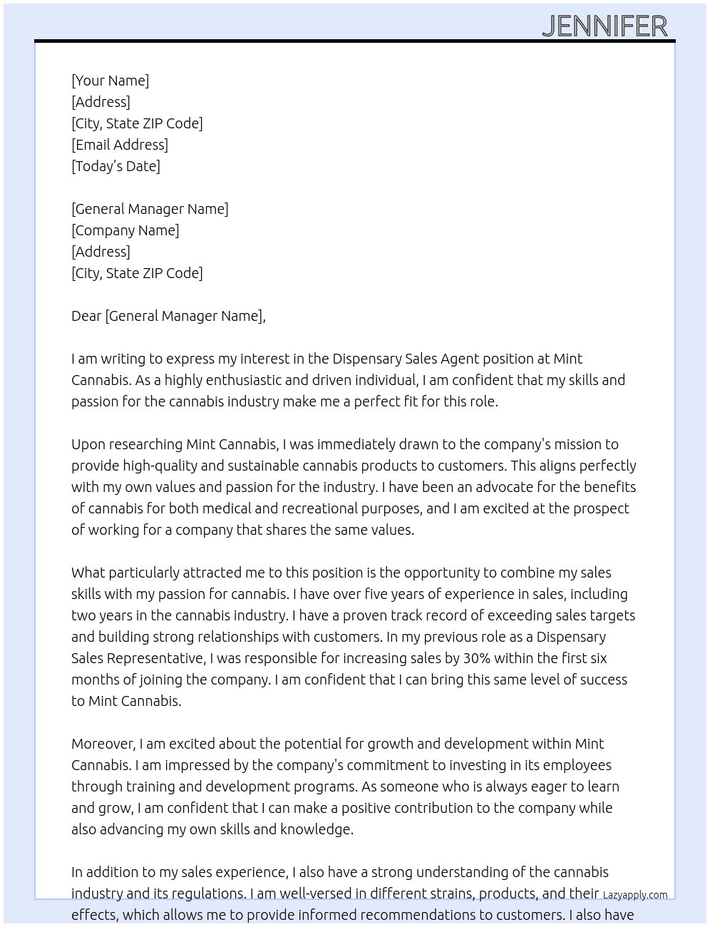 Dispensary sales agent At Mint Cannabis  Cover Letter