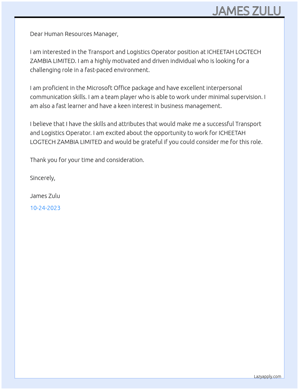 Transport and Logistics Operator At ICHEETAH LOGTECH ZAMBIA LIMITED Cover Letter
