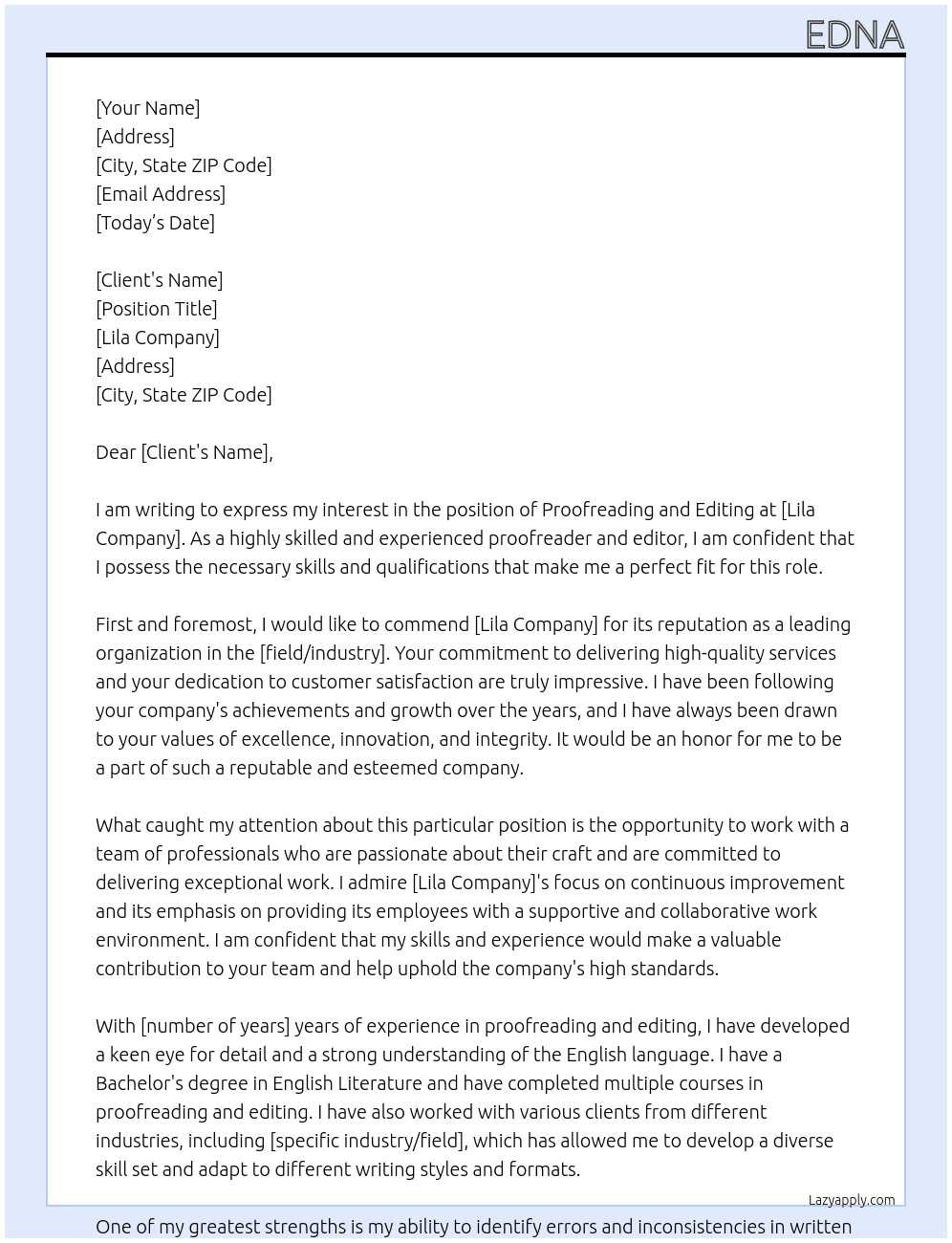 proof reading and editing At lila Cover Letter