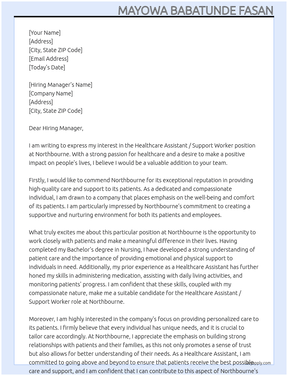 Healthcare Assistant / Support Worker At Northbourne Cover Letter