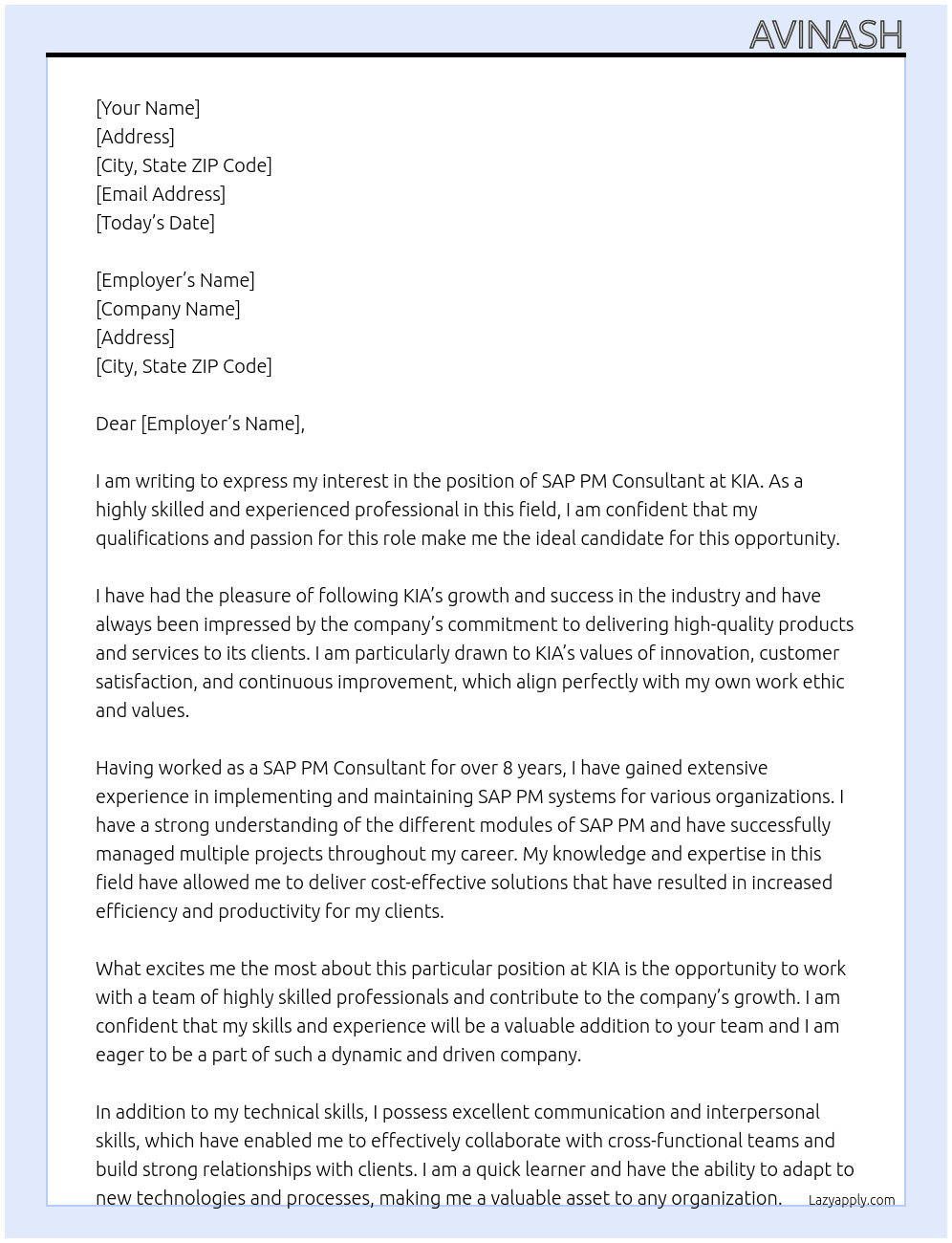 SAP PM CONSULTENT At KIA Cover Letter