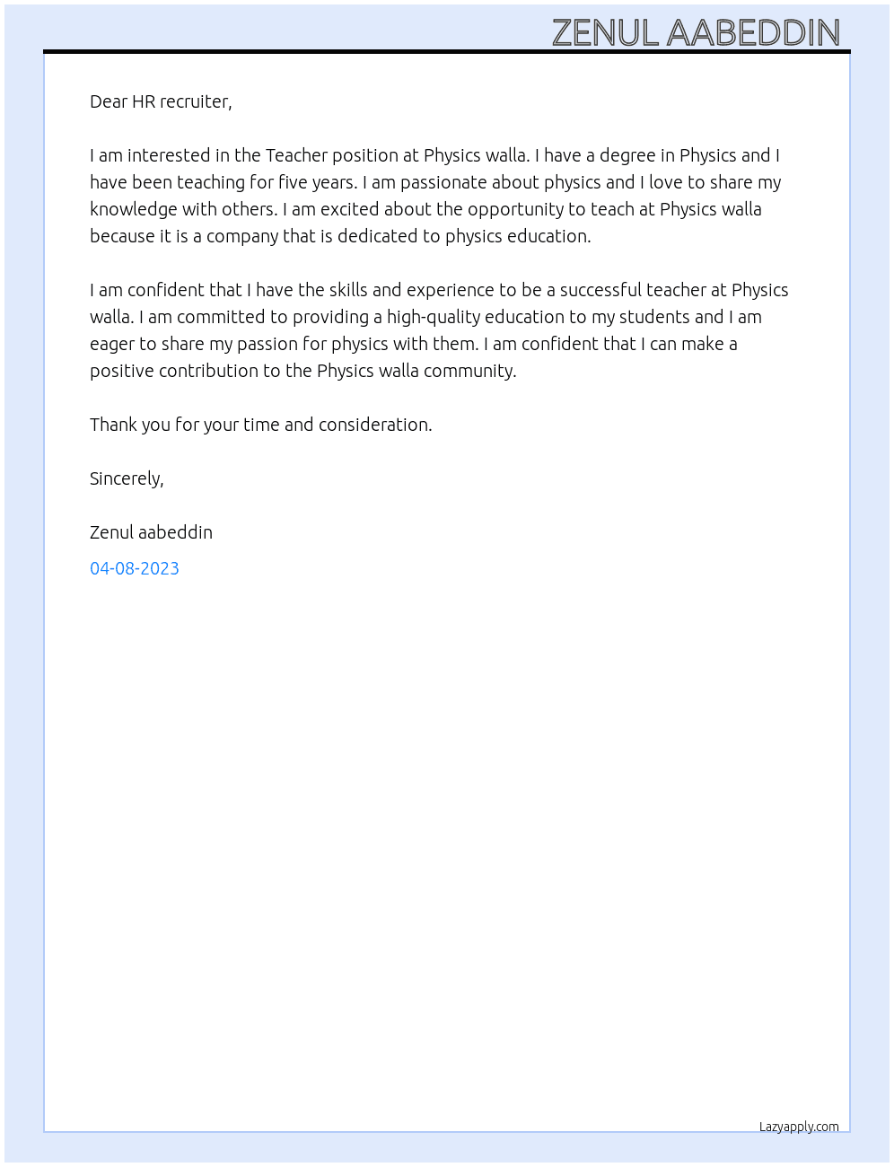 Teacher  At Physics walla  Cover Letter