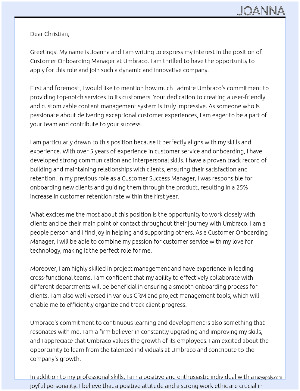 customer onboarding manager At umbraco Cover Letter