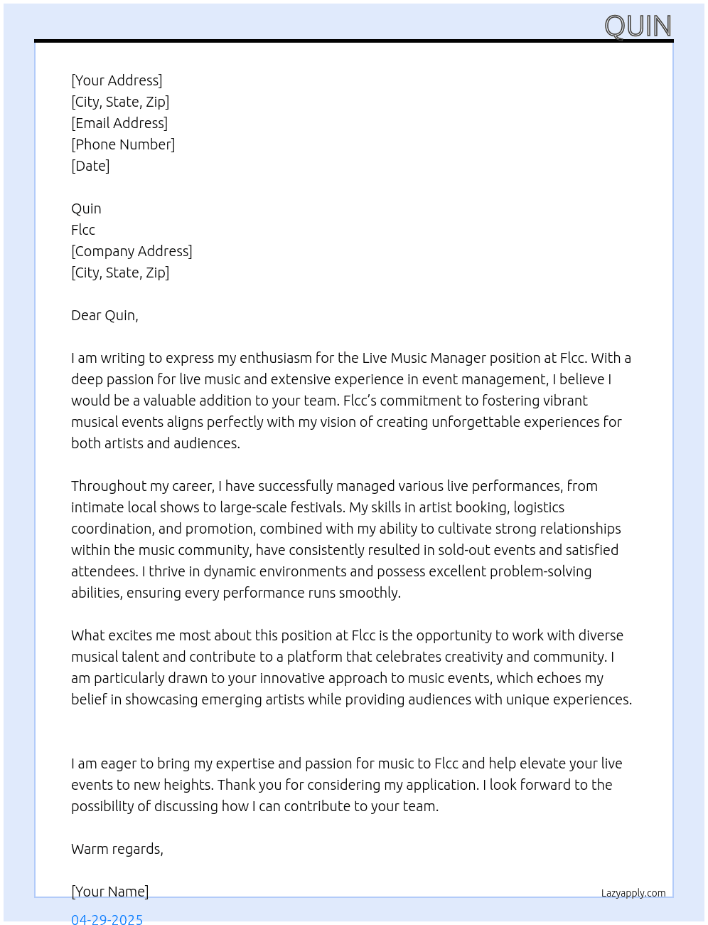 Live music manager At Flcc Cover Letter