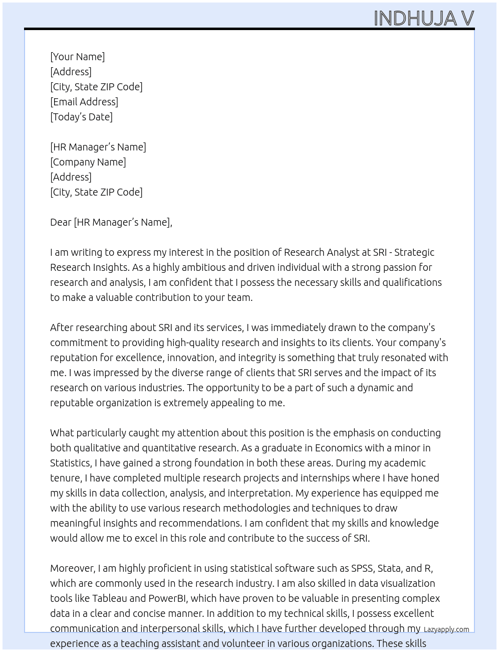 research analyst At SRI - Strategic Research Insights Cover Letter