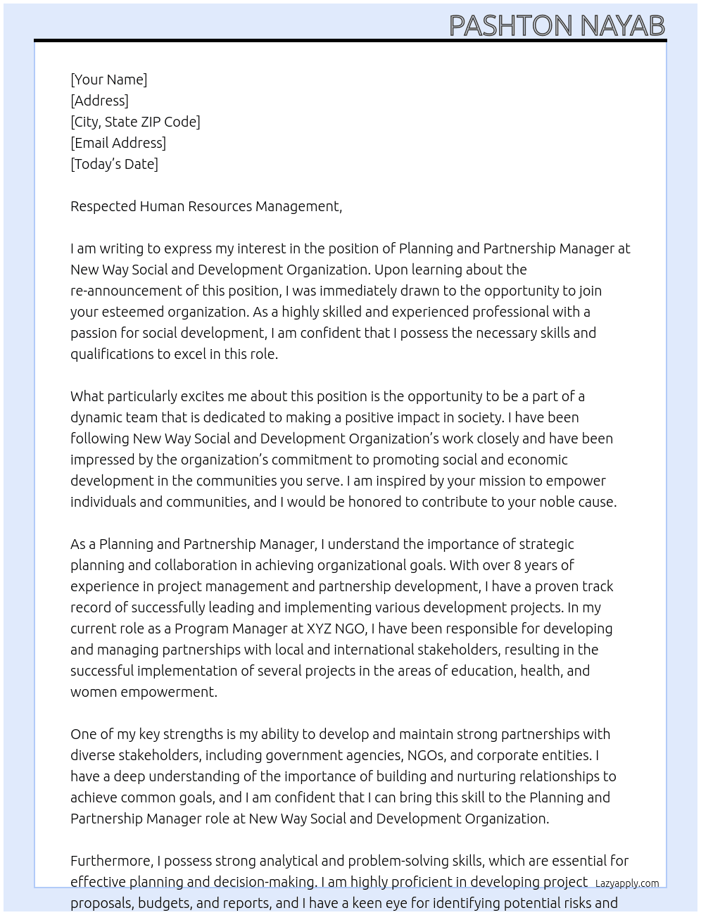 Planning and Partnership Manager (Re Announced) At New way Social and Development Organization: Cover Letter