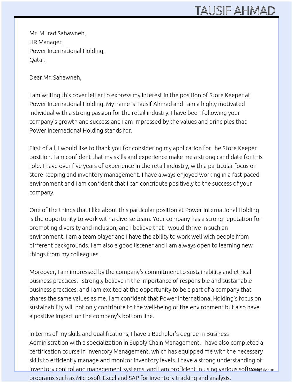 Store keeper  At Power international holding, qatar Cover Letter
