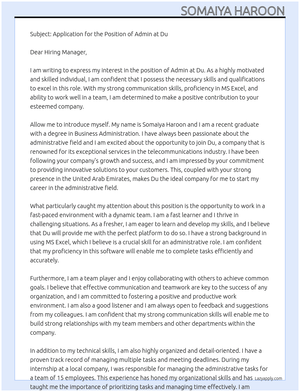 Admin At Du Cover Letter