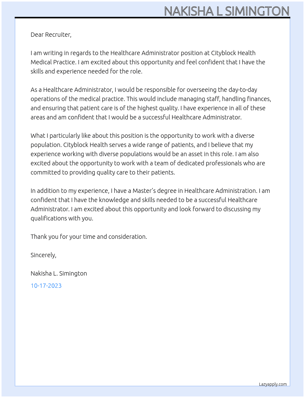 Healthcare Administrator At Cityblock Health Medical Practice Cover Letter
