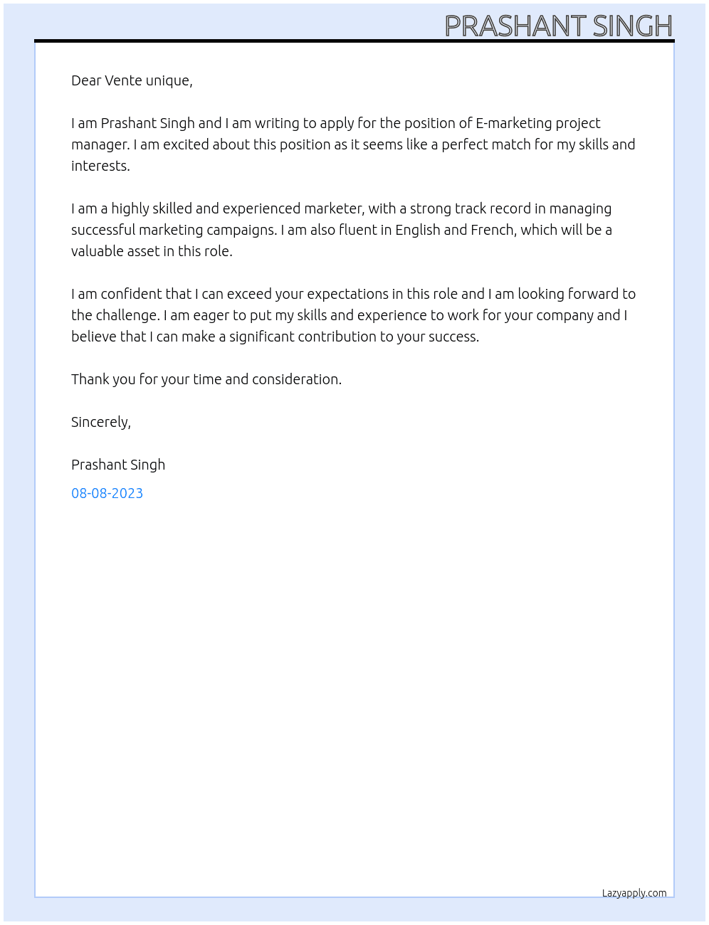 E-marketing project manager At Vente unique  Cover Letter