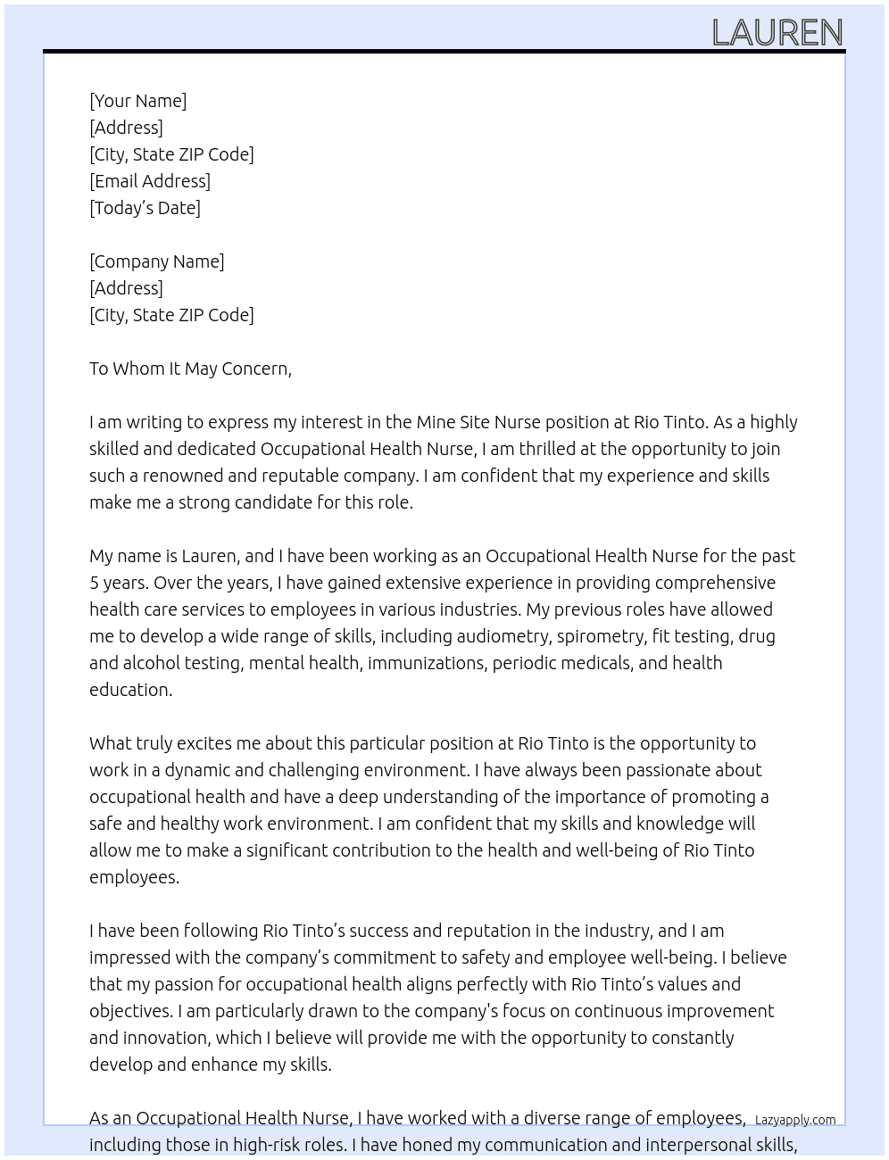 Mine Site Nurse At Rio Tinto Cover Letter