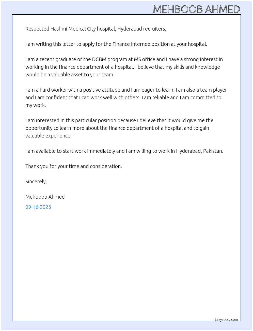 Finance Internee At Hashmi Medical City hospital, Hyderbad Cover Letter