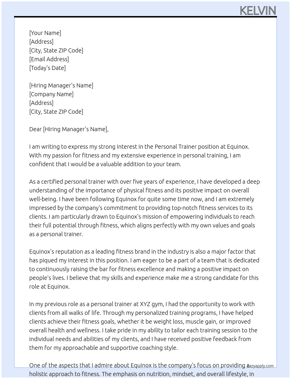 personal trainer  At Equinox  Cover Letter