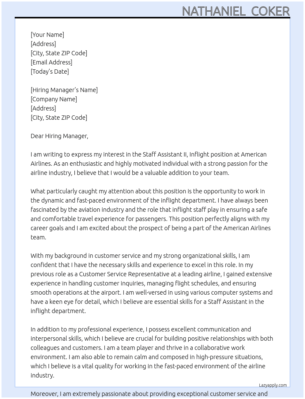 Cover letter for staff assistant ii, inflight - LazyApply