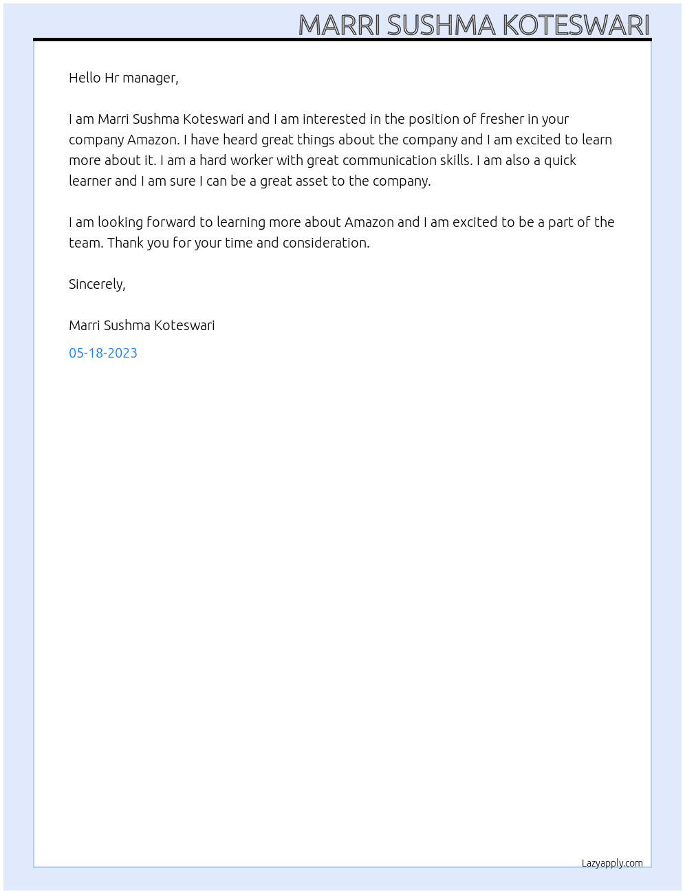 Fresher At Amazon Cover Letter