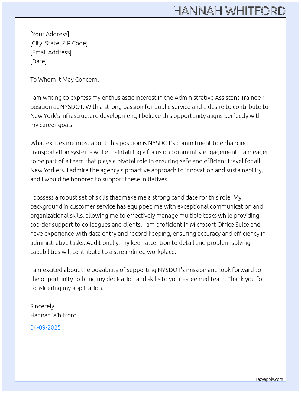 Administrative Assistant Trainee 1 At NYSDOT Cover Letter