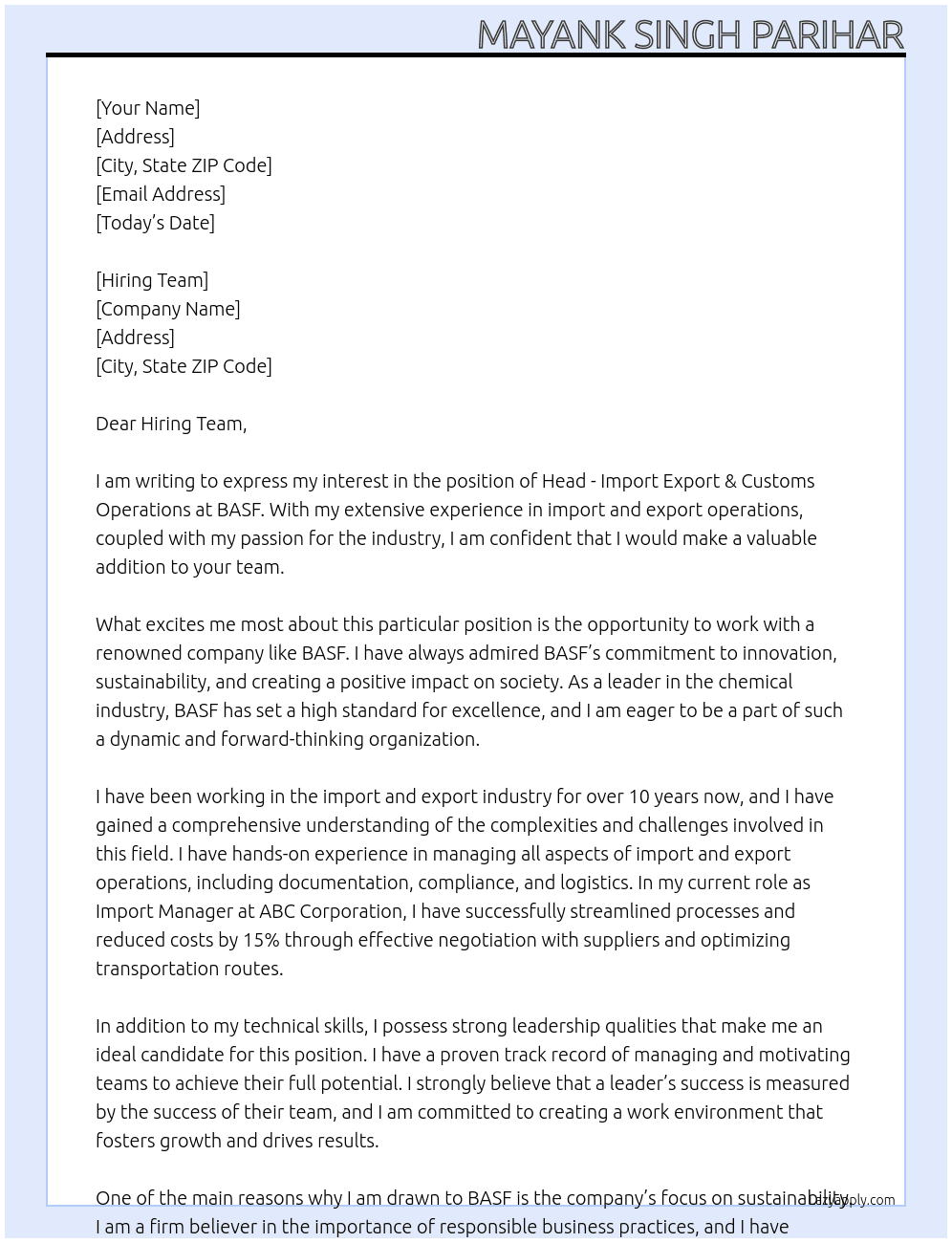 Head - Import Export & Customs Operations At BASF Cover Letter