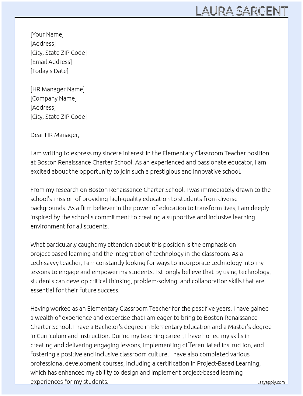 Elementary Classroom Teacher At Boston Renaissance Charter School Cover Letter