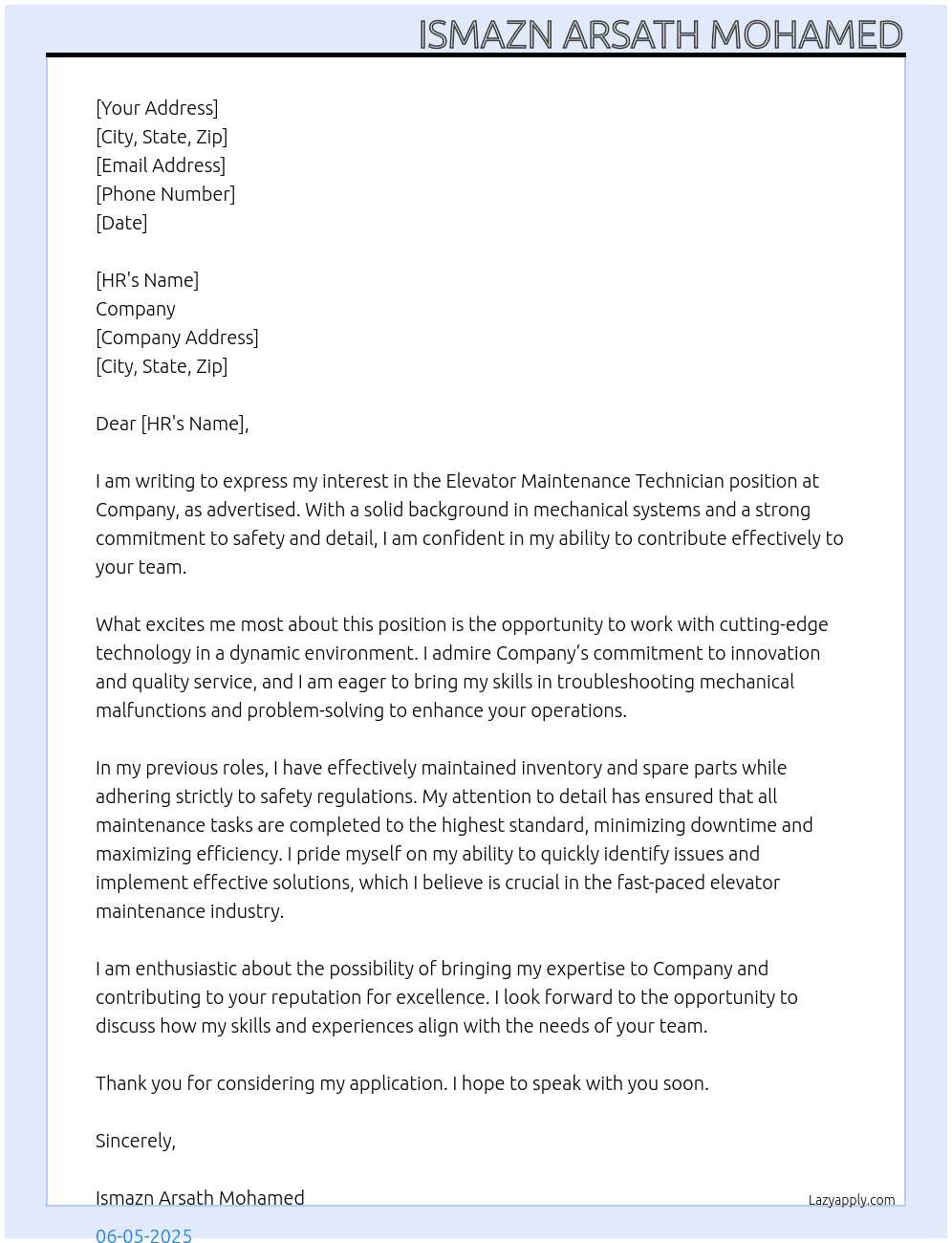Cover letter for elevator maintenance technician - LazyApply