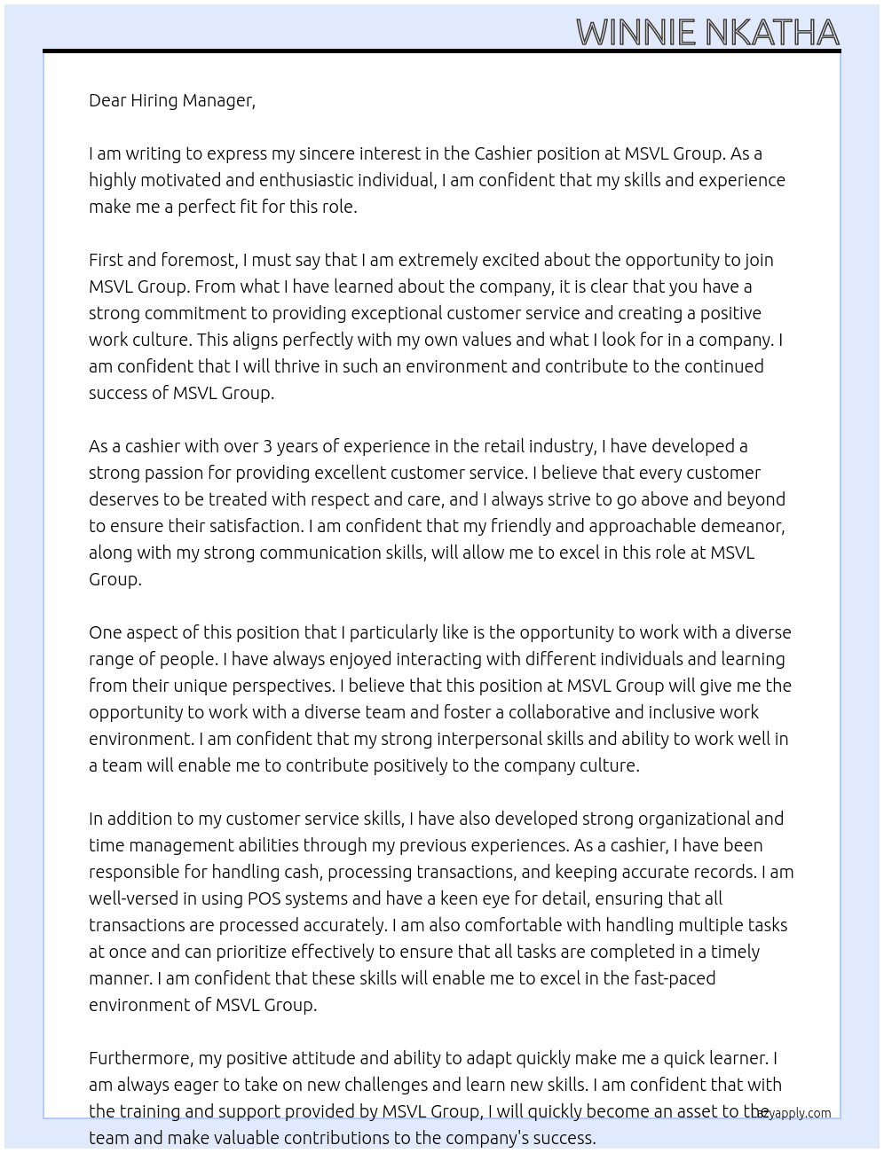 Cashier At MSVL Group  Cover Letter