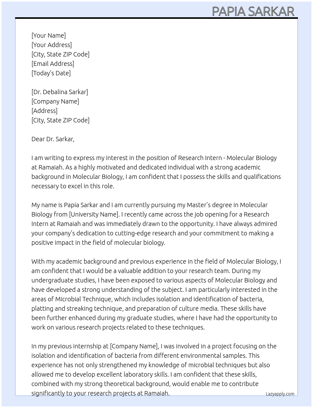 Research Intern - Molecular Biology  At Ramaiah  Cover Letter