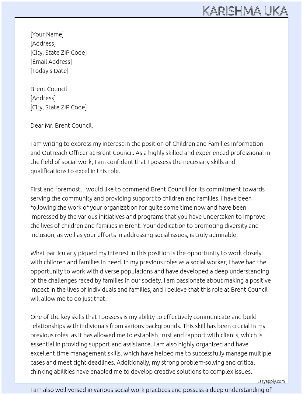 Children and Families Information and Outreach Officer At Brent Council Cover Letter