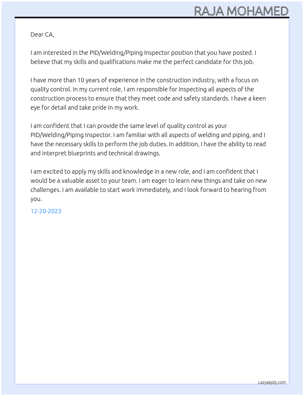 PID/ Welding/Piping Inspector At CA Cover Letter