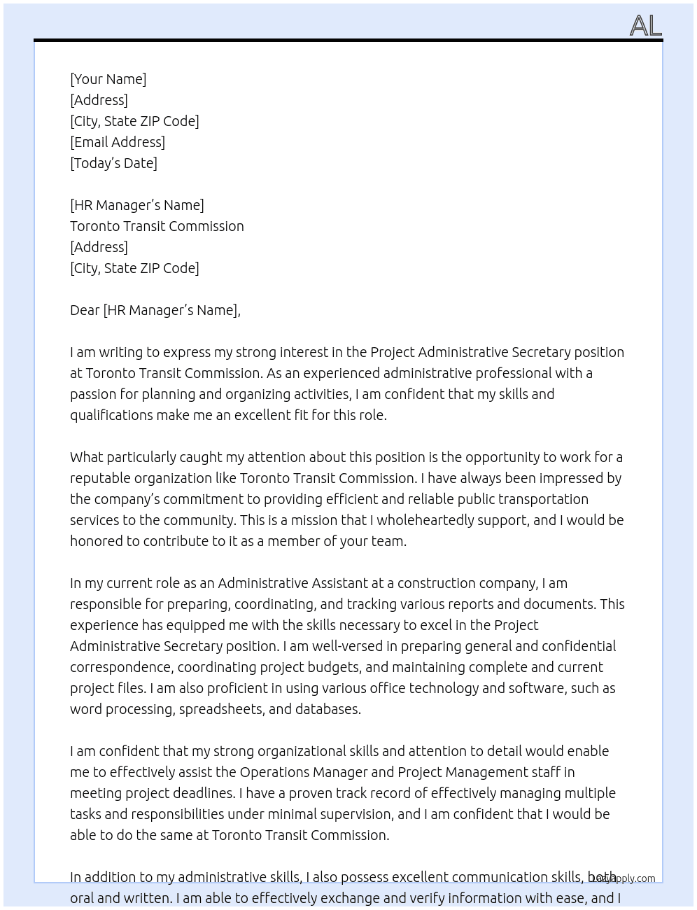 Project Administrative Secretary At Toronto Transit Comission Cover Letter