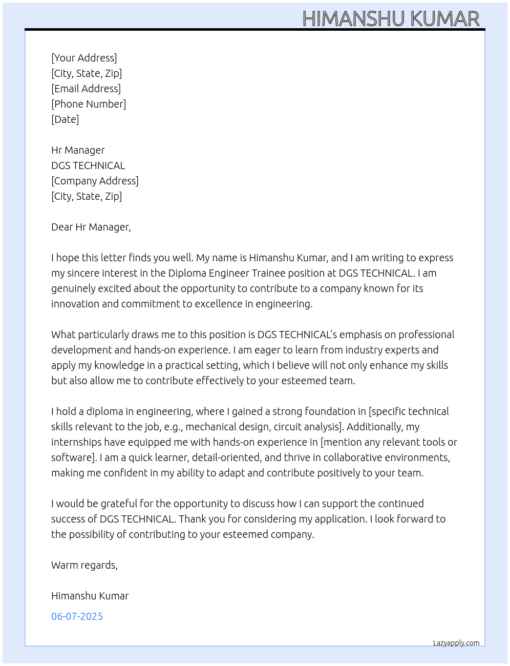 Diploma engineer trainee  At DGS TECHNICAL  Cover Letter